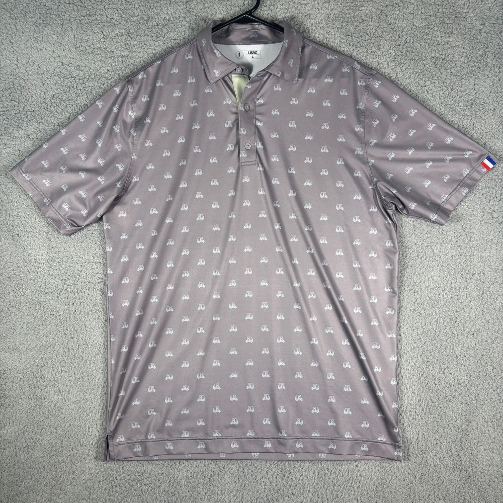 USAG Golf Cart Print Performance Polo Shirt Athletic Golf Casual Sport Wear Sz L
